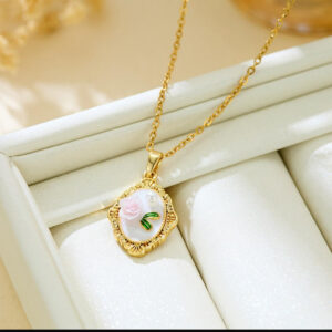 Victorian Rose Oval Inlay Ant Tarnish Necklace